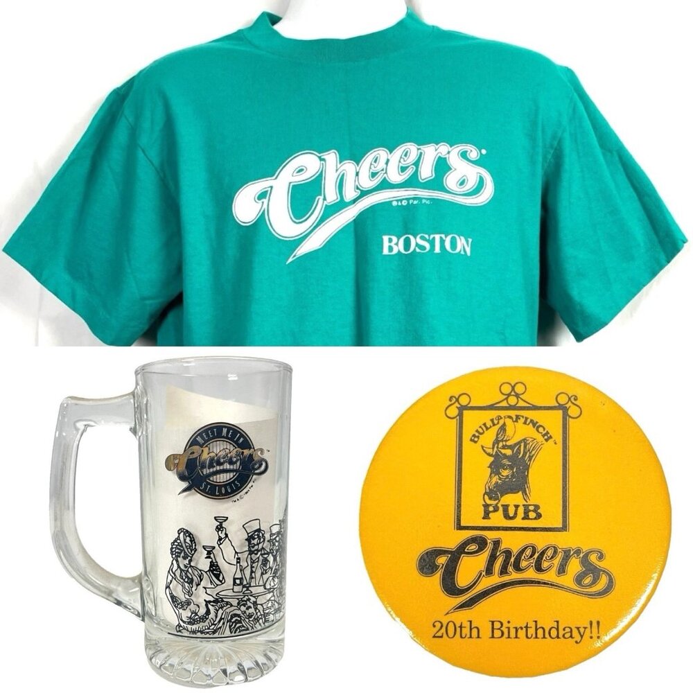 Cheers Boston Vtg T-Shirt Large St. Louis Glass Mug 20th Bday Button Bull Finch